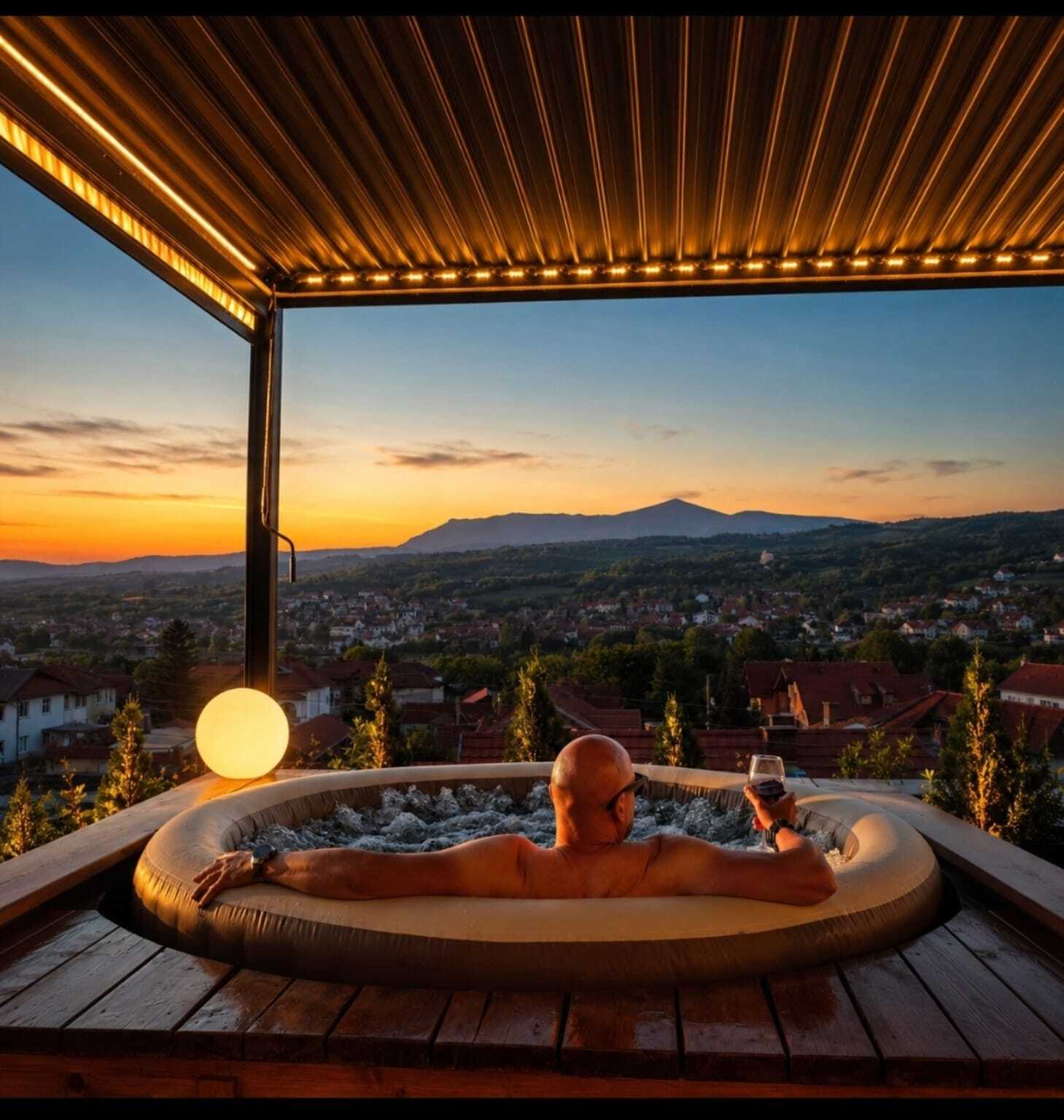 Jacuzzi sa pogledom na Sokobanju u sumrak